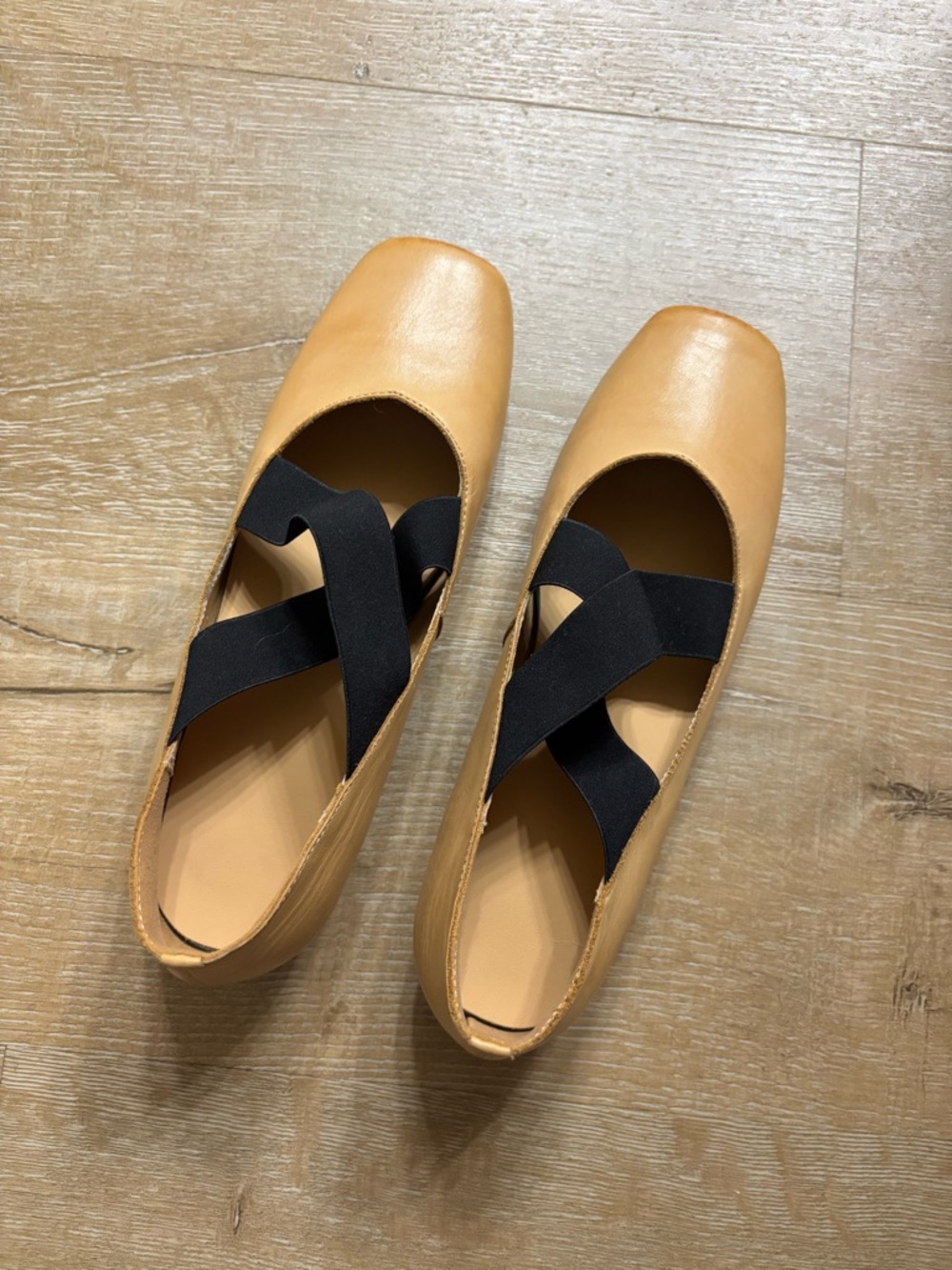 Womens Tan Leather Ballet Flats with Black Cross Straps